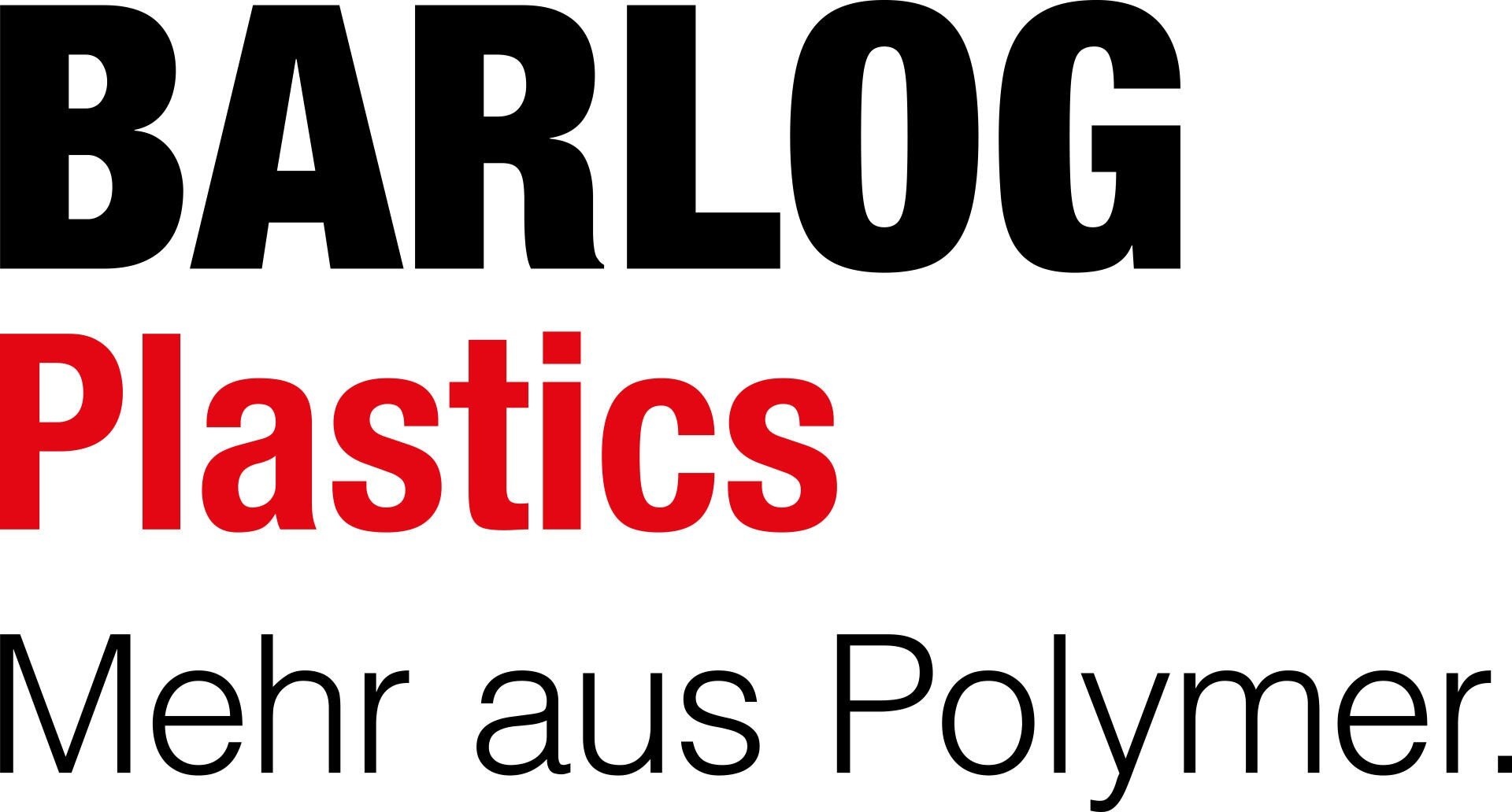 Logo mit dem Text: BARLOG Plastics in fetten schwarzen und roten Buchstaben und darunter Mehr aus Polymer. in schwarz.