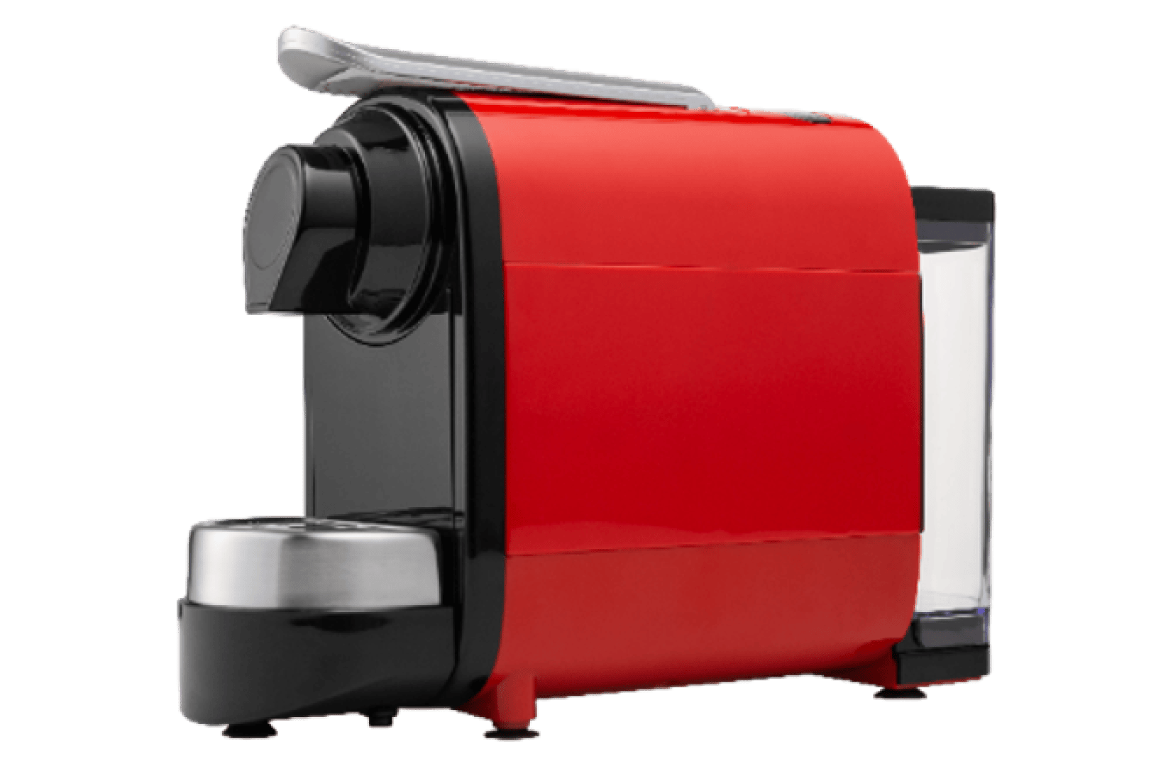 Eine moderne rot-schwarze Einzelportions-Kaffeemaschine mit silbernem Hebel, seitlichem Wasserbehälter und Tropfschale, dargestellt auf einem schlichten hellen Hintergrund.