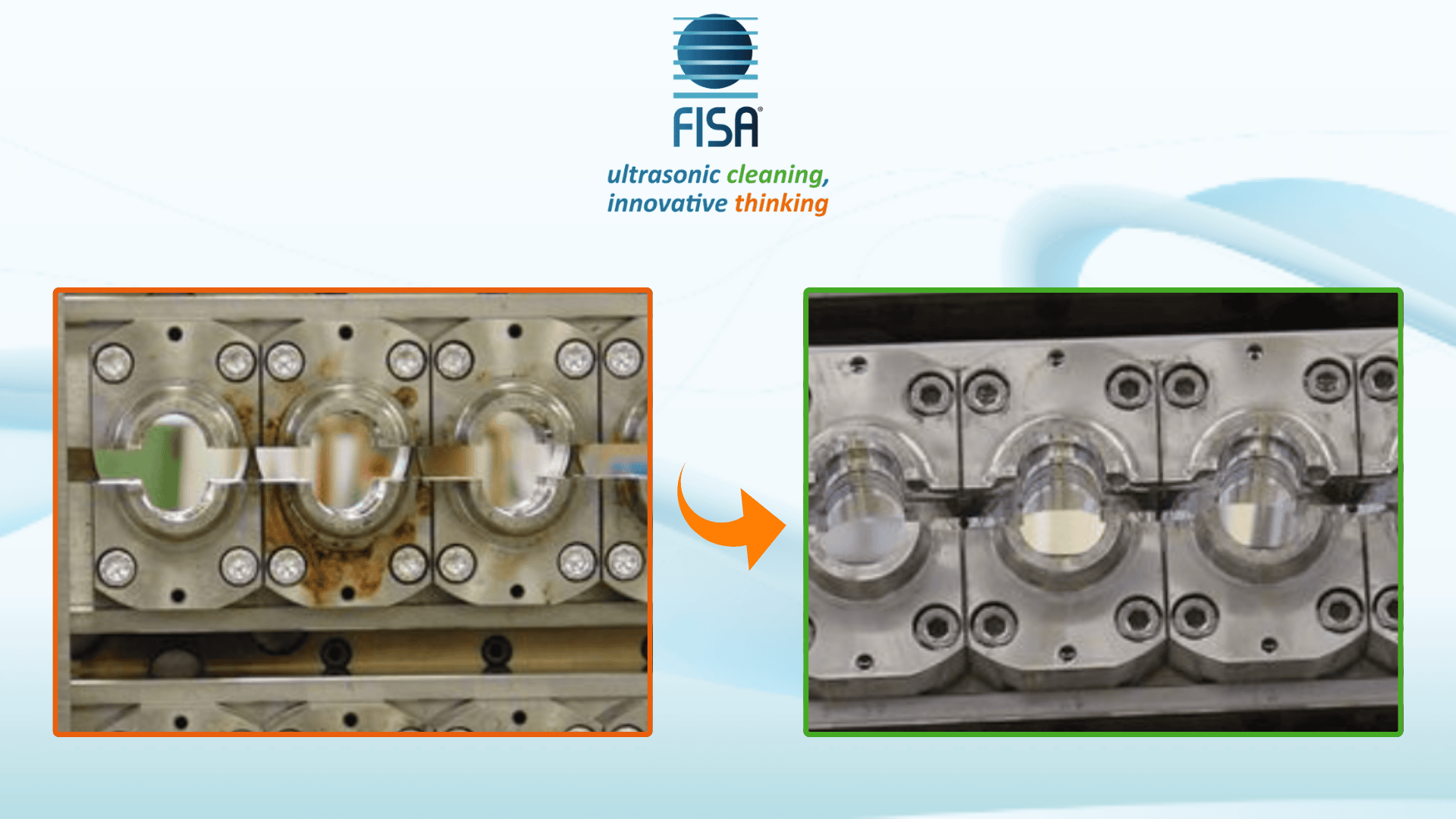 Comparaison côte à côte de pièces mécaniques : le côté gauche montre des cylindres sales et tachés de rouille, tandis que le côté droit montre les mêmes cylindres propres et brillants, démontrant l'effet du nettoyage par ultrasons. Le logo de la FISA apparaît au-dessus.