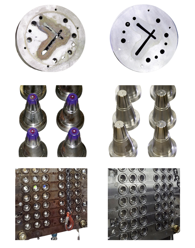 Un collage de six images montre des moules et des buses en métal utilisés dans la fabrication, y compris des formes circulaires et coniques, avec une image montrant un ensemble de moules avec de multiples cavités et des outils attachés.