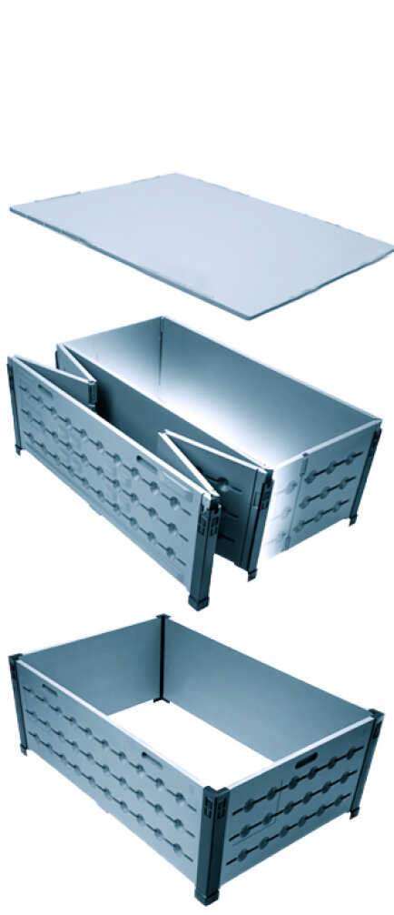 Schritt-für-Schritt-Zusammenbau einer rechteckigen, faltbaren Aufbewahrungsbox: oben der flache Deckel, in der Mitte die teilweise aufgeklappte Box und unten die vollständig zusammengebaute Box.