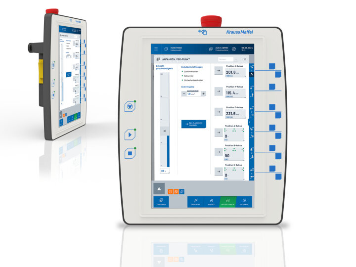 Ein digitales industrielles Bedienfeld mit einer Touchscreen-Oberfläche zeigt Daten und Tasten in den Farben Blau und Grau an. Das Gerät verfügt über physische blaue Tasten auf der rechten Seite und Not-Aus-Tasten auf der linken Seite.