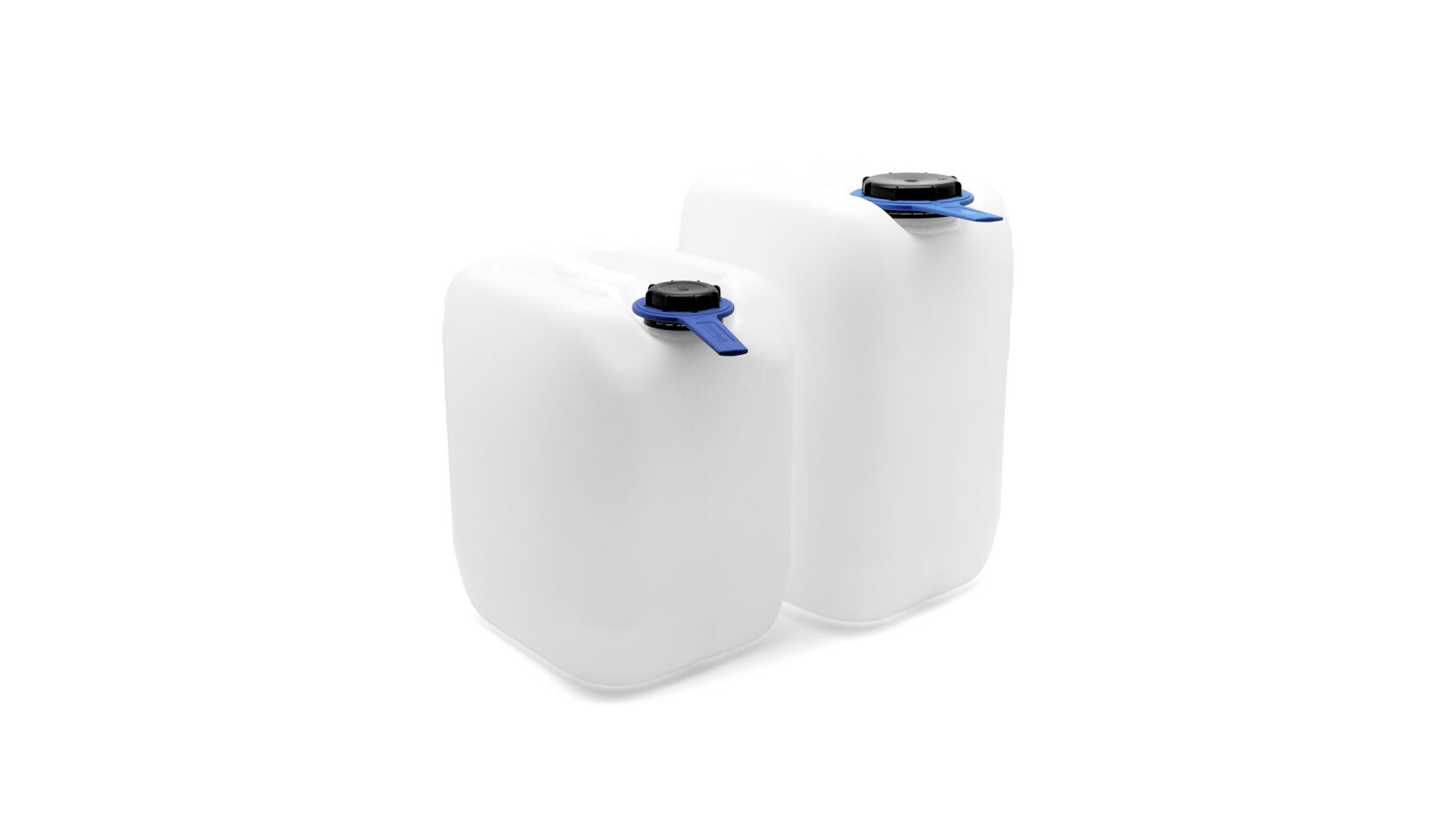 Deux jerrycans en plastique blanc avec des bouchons à vis noirs et des poignées bleues, placés côte à côte sur un fond blanc.