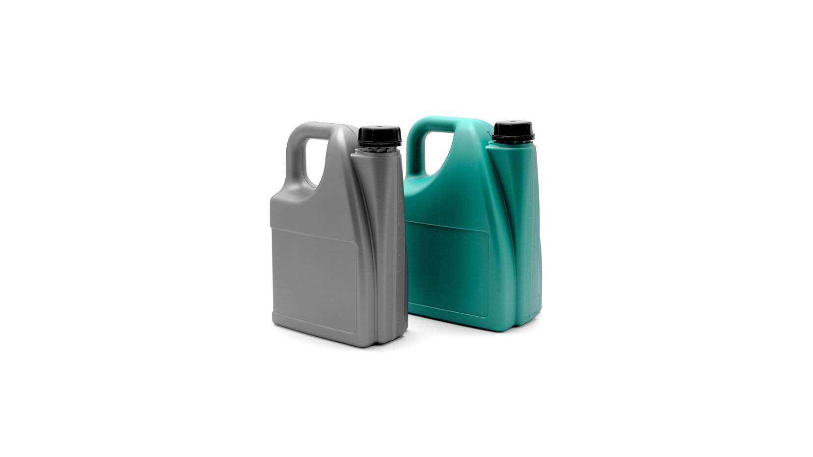 Deux récipients en plastique avec poignées et bouchons noirs, l'un gris et l'autre sarcelle, placés côte à côte sur un fond blanc.