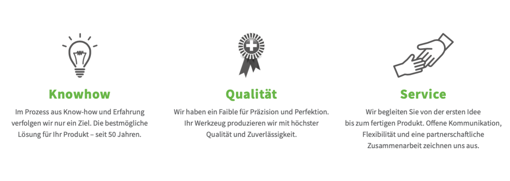Drei Icons mit Text darunter: eine Glühbirne für Knowhow, ein Preisband für Qualität und ein Handschlag für Service. Jeder Abschnitt beschreibt das Fachwissen, die Qualität und den Kundenservice des Unternehmens in deutscher Sprache.