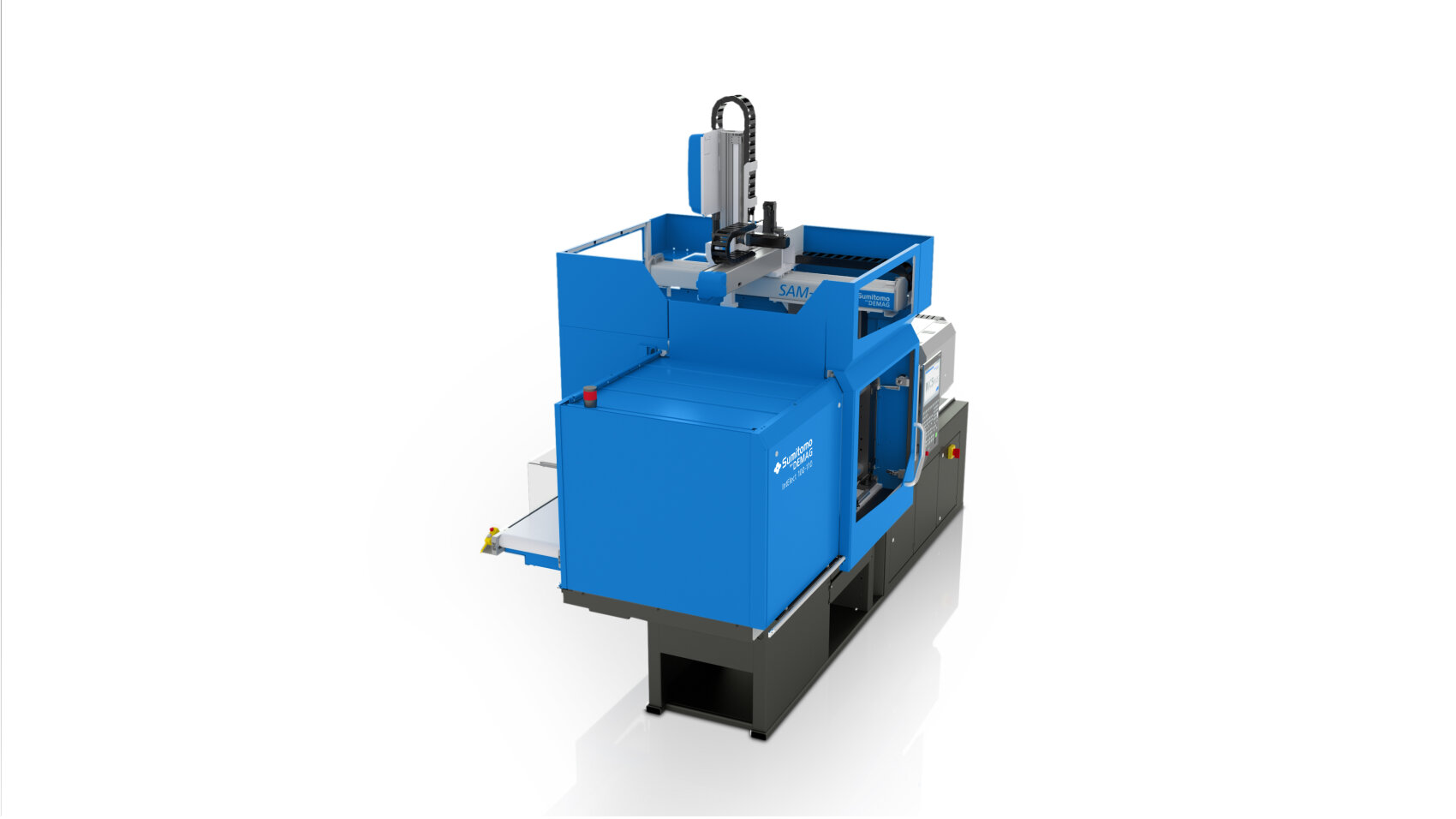 Eine blaue industrielle CNC-Fräsmaschine mit einem geschlossenen Arbeitsbereich, einem Bedienfeld und einer vertikalen Spindel, die auf einem schwarzen Sockel vor einem weißen Hintergrund steht.